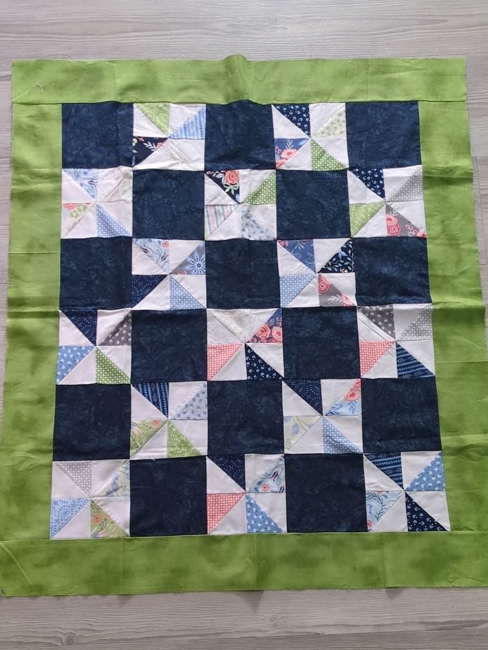 Handmade Unfinished Quilt Top UFO Blue Green Pinwheel Patchwork 41 x 35.5